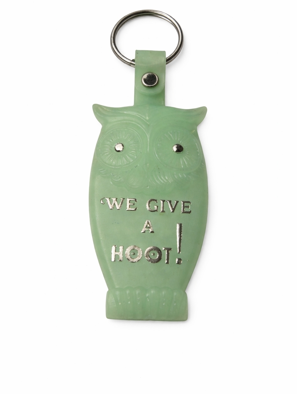 Vintage Owl Keychain We Give a Hoot Green Plastic Retro Advertising Key Ring